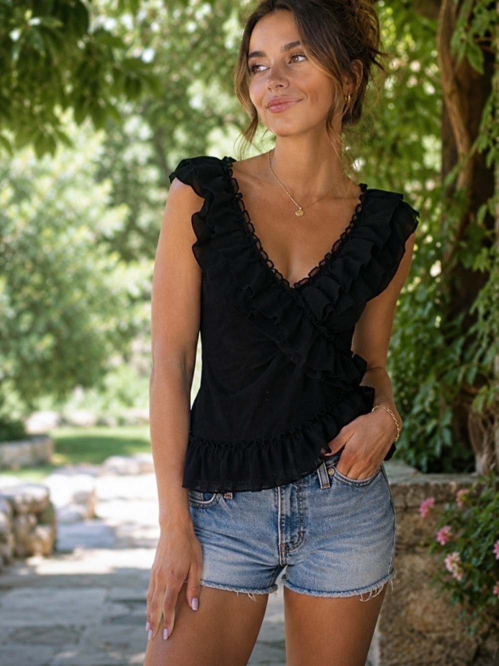 Elle Black Ruffle Lace-Trim Wrap Camisole
